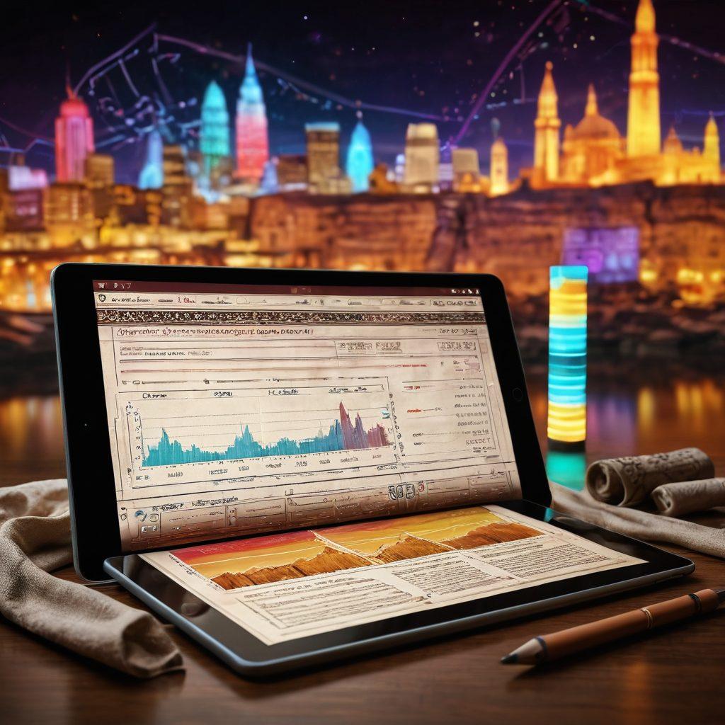A captivating scene of an open ancient scroll alongside a modern digital tablet displaying colorful, interactive data visualizations. In the background, blurred images of historical landmarks and artifacts create a sense of depth, while wisps of data and graphs flow like a river through time. The palette features rich earthy tones contrasted with vibrant neon colors of the digital interface. Artistic lens flares enhance the feeling of blending history with technology. super-realistic. vibrant colors. 3D.