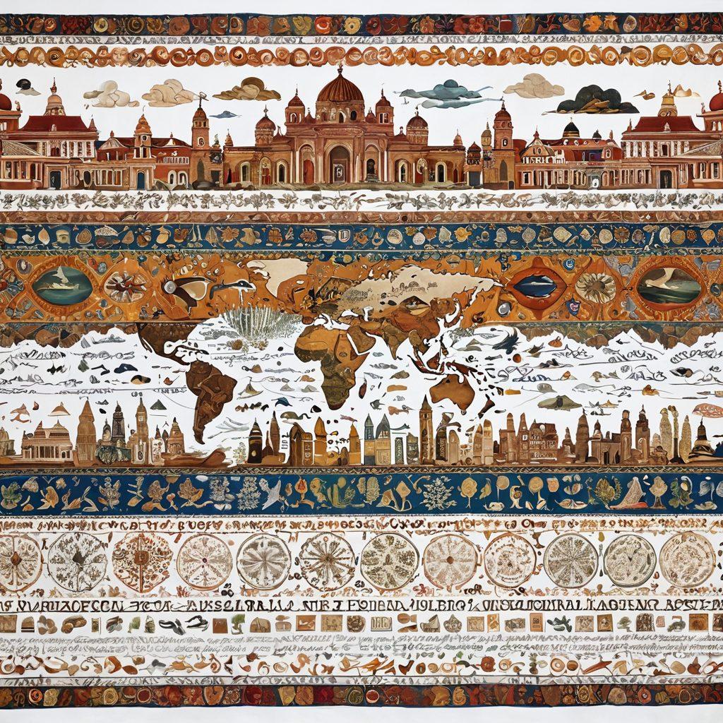 An intricate tapestry merging historical artifacts with modern data visualizations, showcasing a timeline of cultural heritage through captivating visuals. Include elements like ancient scrolls, vibrant charts, and interactive maps that illustrate the evolution of traditions and stories. The background should blend classic architecture and digital elements, symbolizing the fusion of past and present. super-realistic. vibrant colors. white background.